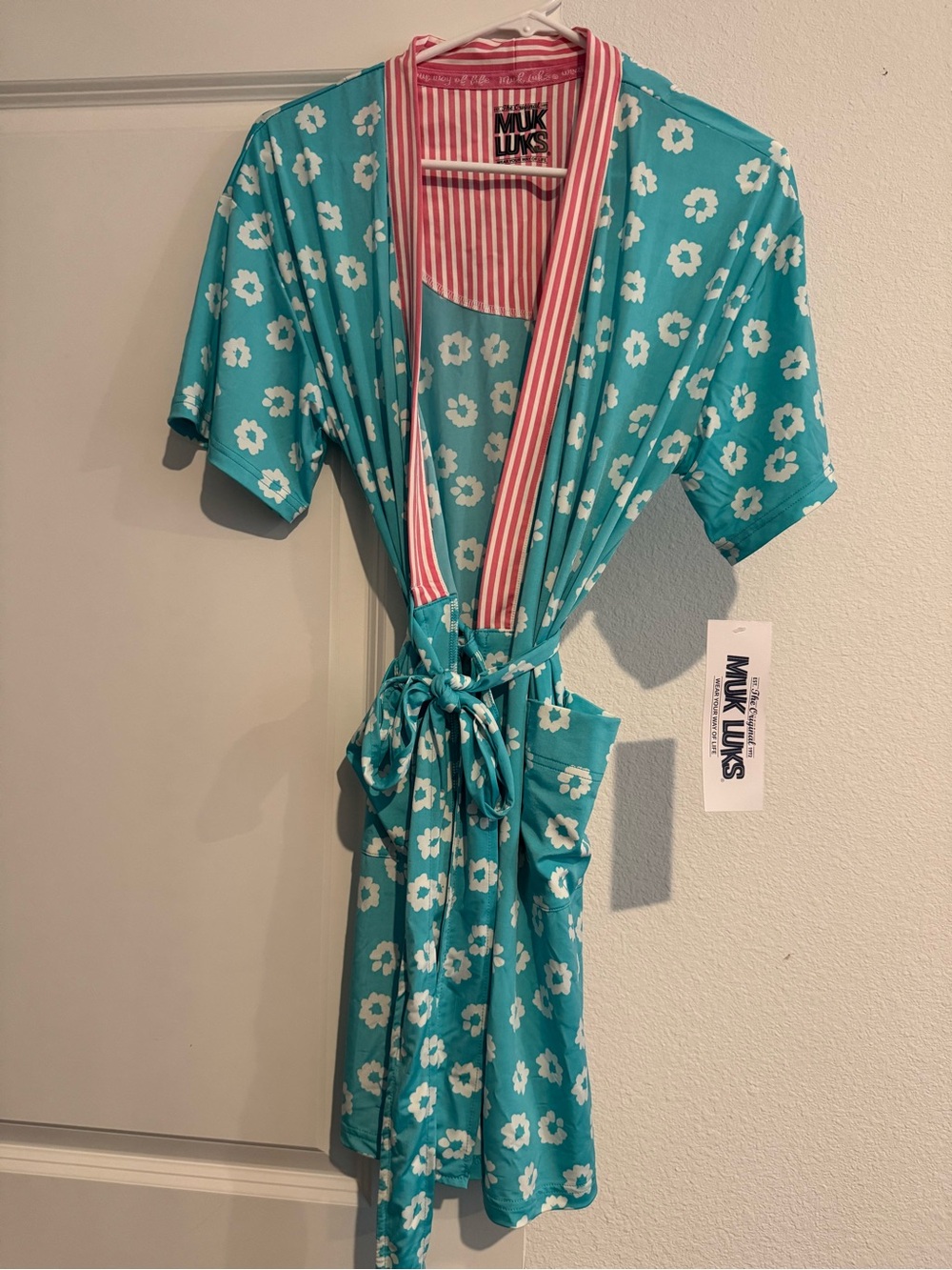 Muk Luks Turquoise Floral Robe with Pink Stripe Trim